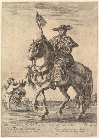 Ortada bir atın üstünde, il Tedeschino adında Bernardino Ricci, sola doğru sürüyor, w..., 1637. by Stefano della Bella