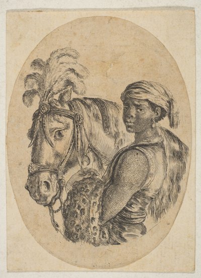 Siyah köle bir leopar postu taşır ve birkaç kafadan bir atın dizginini tutar..., 1649-50. by Stefano della Bella