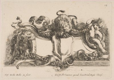 Üzerinde Bir Aslan bulunan ve Çerçeveli Bir Aslan ve Bir Çocuğun Çerçevelediği Boş Kalkan İçeren Kartuş, 1646. by Stefano della Bella