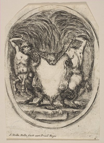İki Centaur Tarafından Çevrilmiş Bir Kaplan Derisinden Oluşan Kartuş, 1647. by Stefano della Bella
