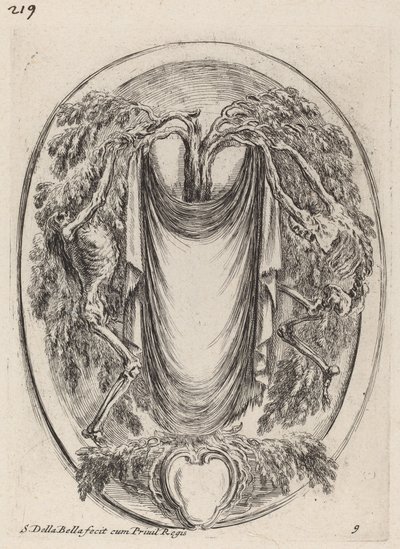 İskeletlerle Çevrilmiş Bir Selviden Asılan Örtü Şeklinde Kartuş, 1647. by Stefano della Bella