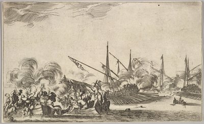 Birkaç kayık ve gemi arasındaki savaş, kayıklarda iki grup adam sola doğru savaşıyor..., 1639. by Stefano della Bella