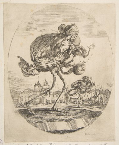 Beş ölümden bir bebek taşıyan ölüm, Les cinq Morts, yaklaşık. 1648. by Stefano della Bella