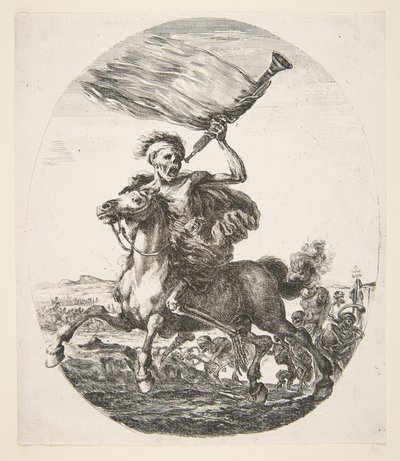Bir trompet tutan at sırtında ölüm, Beş ölümden Les cinq Morts, yaklaşık. 1648. by Stefano della Bella