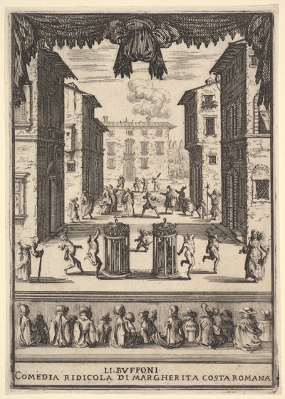 The Buffoons Li Buffoni adlı komedinin ön yüzü, bir puya benzeyen bir sahne seti..., 1639-41. by Stefano della Bella