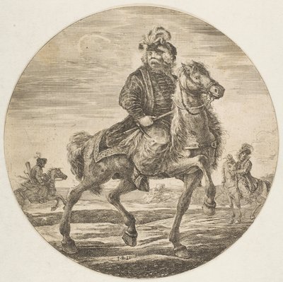 Sağa doğru giden Macar atlısı, arka planda diğer atlılar, bir sirk..., yakl. 1651. by Stefano della Bella