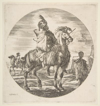 Profilde sağa bakan Mağribi süvari, sağda kürk tutan siyah bir köle, anthe..., yakl. 1651. by Stefano della Bella