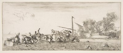 Deniz savaşı, tüfeklerle savaşan insanlarla dolu bir kayık sola, insanlar boğuluyor..., ca. 1641. by Stefano della Bella