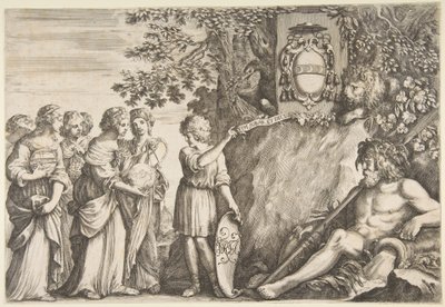 Bir tez için süsleme tasarımı, üstte Strozzi arması, yakl. 1660. by Stefano della Bella