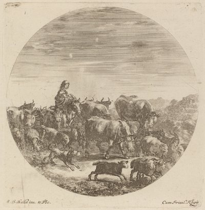 İnekler, Koyunlar ve Keçilerle At Üzerinde Oturan Köylü by Stefano della Bella