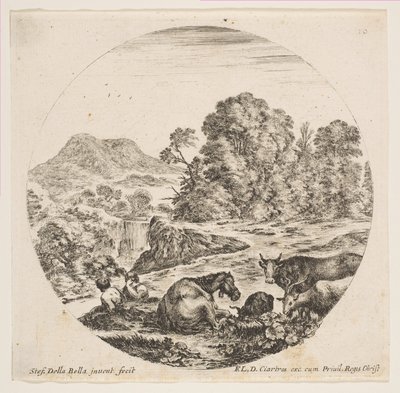 Levha 10: ortada yatan bir at, sağda bir inek ve iki keçi, iki oturan çoban..., yakl. 1646. by Stefano della Bella