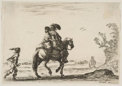 Levha 10: Bir süvari ve bir kadın, arkadan görülüyor, gençle birlikte sağa doğru sürüyorlar ..., 1642. by Stefano della Bella
