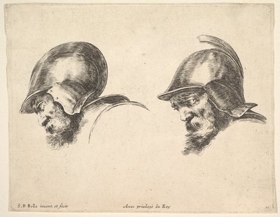 Levha 10: Miğfer takan, ikisi de sola bakan ve aşağı bakan iki yaşlı asker başı..., yakl. 1641. by Stefano della Bella