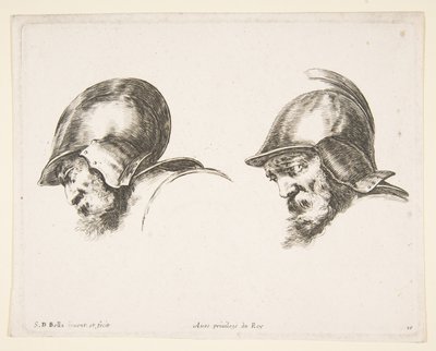 Levha 10: Miğfer takan, ikisi de sola bakan ve aşağı bakan iki yaşlı asker başı..., yakl. 1641. by Stefano della Bella