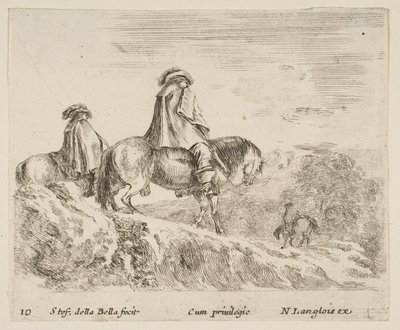 Levha 10: Solda bir dağa inen iki atlı, sağa doğru başka bir atlı ..., ca. 1644-47. by Stefano della Bella