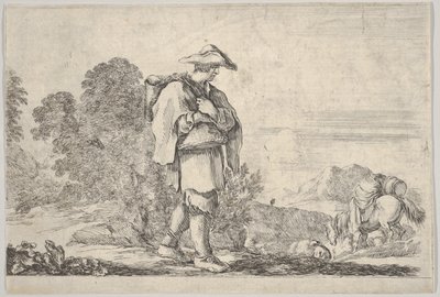 Levha 11: Merkezde şapka takan, sağa doğru yürüyen bir köylü, bir at inişi..., yakl. 1641. by Stefano della Bella