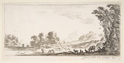 Levha 11: Sağda bir ağacın altında oturan çoban, soldaki sürüsünü izliyor..., yakl. 1641. by Stefano della Bella