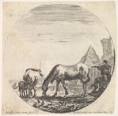 Levha 11: Sağda arka planda Caius Cestius piramidi, otlayan bir at ..., yakl. 1643-48. by Stefano della Bella