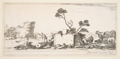 Levha 12: solda oturan bir ressam, sağda yanında ayakta duran bir çoban, harabe..., yakl. 1641. by Stefano della Bella