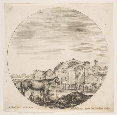 Levha 12: Sağda yerde uyuyan bir çoban, solda üç at, diğer atlar..., yakl. 1646. by Stefano della Bella