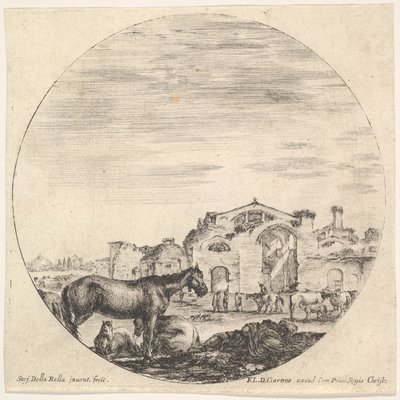 Levha 12: yerde uyuyan bir çoban sağa, üç at sola, diğer h..., yakl. 1643-48. by Stefano della Bella