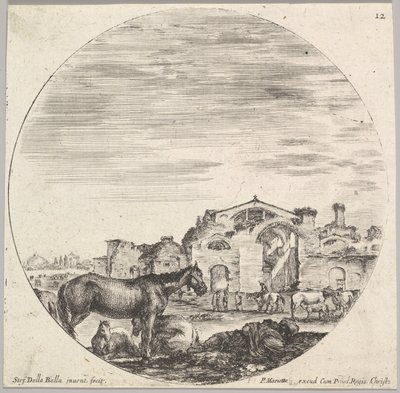 Levha 12: yerde uyuyan bir çoban sağa, üç at sola, diğer h..., yakl. 1643-48. by Stefano della Bella