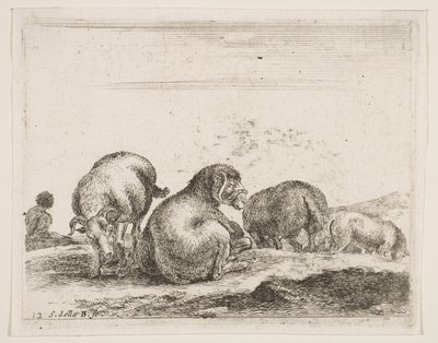 Levha 12: Bir merada koyun ve koç, çeşitli hayvanlardan Diversi animali, ca. 1641. by Stefano della Bella