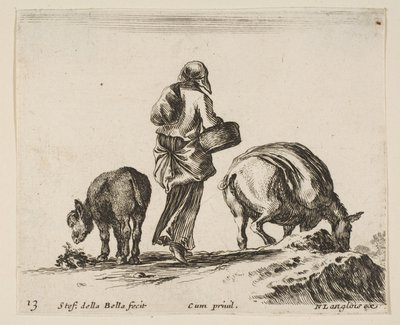 Levha 13: Arkadan görülen, ortasında sepet tutan bir köylü kadın, bir eşek..., yakl. 1644-47. by Stefano della Bella