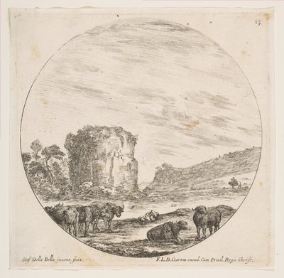 Levha 13: Roma manzarasında bir tapınak kalıntıları, Roma manzaralarından ve kalıntılar P..., yaklaşık. 1646. by Stefano della Bella