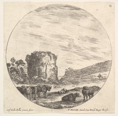 Levha 13: Arka planda antik bir tapınağın kalıntıları, ön tarafta bir inek sürüsü..., yaklaşık. 1643-48. by Stefano della Bella