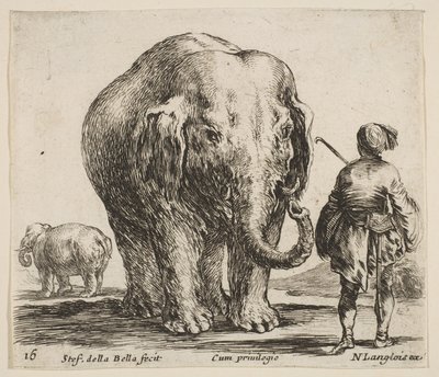 Levha 16: ortada bir fil, sağda duran fili Orient..., yakl. 1644-47. by Stefano della Bella