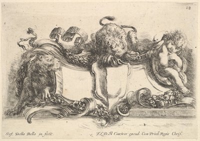 Levha 18: Boş bir arma içeren bir kartuş, iki dişi aslan, biri sola, biri de san...., 1646. by Stefano della Bella