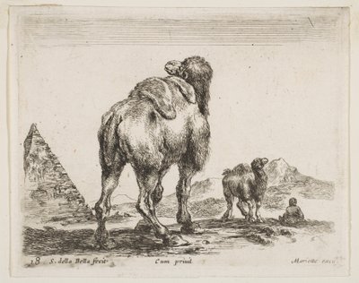 Levha 18: devenin arkadan görünüşü, piramit solda, çeşitli hayvanlardan Dalgıç..., yakl. 1641. by Stefano della Bella