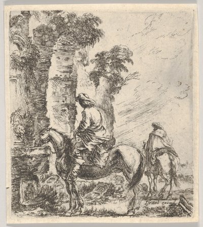 Levha 19: soldaki bir çeşmenin leğeninden atına su içiren bir binici, başka bir h..., yakl. 1646. by Stefano della Bella