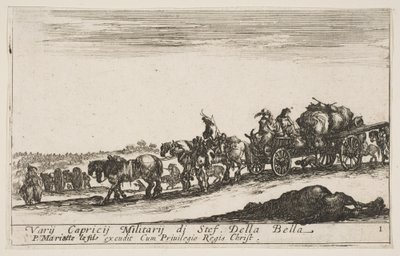 Levha 1: İnsanları ve eşyaları taşıyan bir at arabası, ön planda ölü at, f..., yakl. 1641. by Stefano della Bella