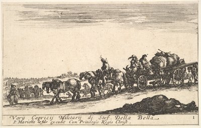 Levha 1: İnsanları ve eşyaları taşıyan bir at arabası, ön planda ölü at, f..., yakl. 1641. by Stefano della Bella