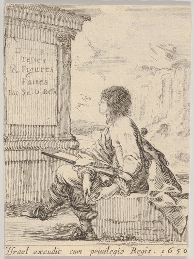 Levha 1: Bir taşın üzerinde oturan, profilde sola dönük, çizim defteri tutan genç bir adam ..., 1650. by Stefano della Bella