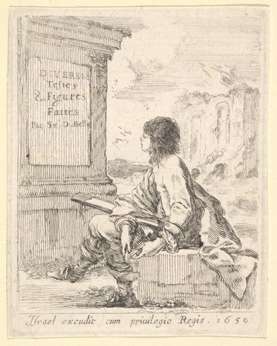 Levha 1: Bir taşın üzerinde oturan, profilde sola dönük, çizim defteri tutan genç bir adam ..., 1650. by Stefano della Bella