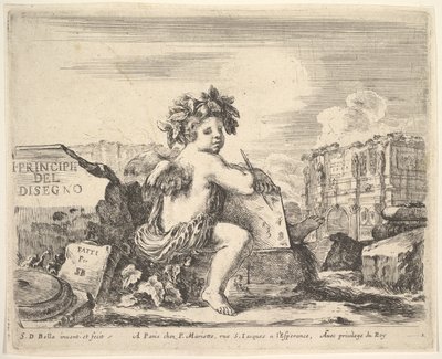Plaka 1: çizim dehası, kanatlı bir çocuk, ortada bir kayanın üzerine oturmuş ..., ca. 1641. by Stefano della Bella
