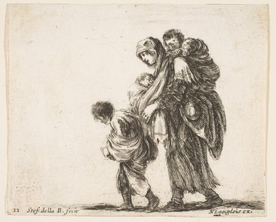 Levha 22: Üç çocuklu bir dilenci kadın, omuzlarında bir çocuk, bir çocuk..., yakl. 1644-47. by Stefano della Bella