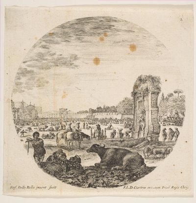 Plaka 2: Campo Vaccino, ortada bir bufalo ve iki çoban, Fontanone sağa doğru ..., yakl. 1646. by Stefano della Bella