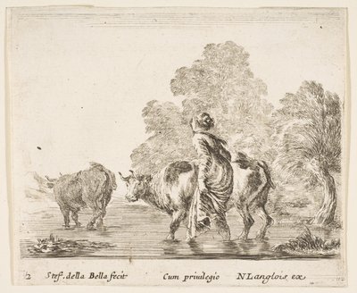Plaka 2: Köylü bir kadın, iki ineği bir dere boyunca güderek sola doğru yürüyor..., yakl. 1644-47. by Stefano della Bella