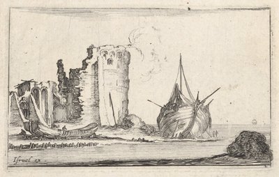 Plaka 2: Sağda bir gemi ve solda bir kayık, kıyıya vurmuş, harabeye dönmüş bir kule b..., ca. 1642. by Stefano della Bella