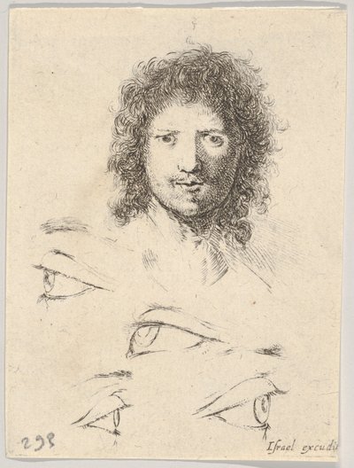Levha 2: üstte, genç bir adamın başı, önden görünüş, altta, dört göz, Th..., yakl. 1649. by Stefano della Bella