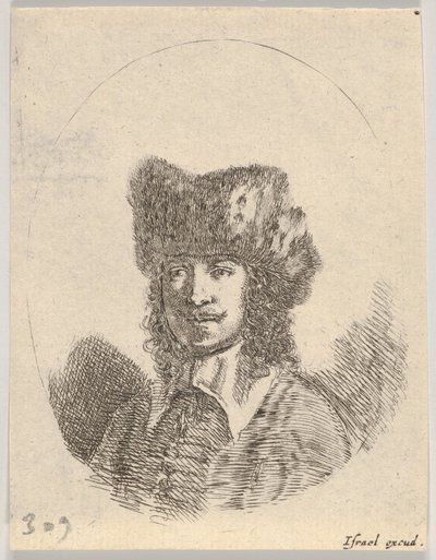 Plaka 2: Bıyıklı ve kürk şapkalı, sola bakan bir adam başı, oval bir kompozisyon,..., 1650. by Stefano della Bella