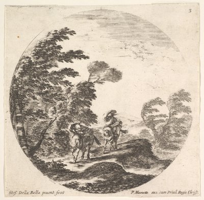 Levha 3: Ormanda bir fırtına, pelerine sarılı iki atlı, rüzgar esiyor..., yakl. 1643-48. by Stefano della Bella