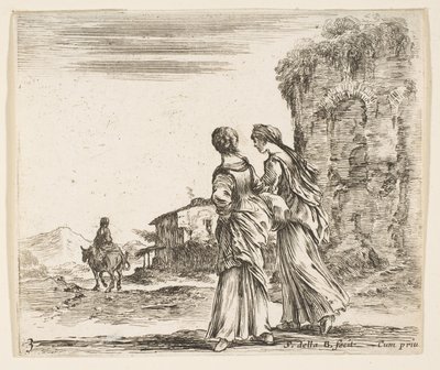 Plaka 3: sola doğru yürüyen iki kız, arkadan görülüyor, atlı bir kadın..., yakl. 1644-47. by Stefano della Bella