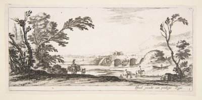 Levha 3: bir nehri sağa doğru geçen iki atlı, bir eşeğin tepesinde iki sepetli bir kadın..., yakl. 1641. by Stefano della Bella