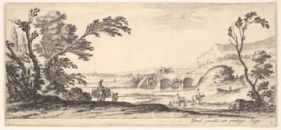 Levha 3: bir nehri sağa doğru geçen iki atlı, bir eşeğin tepesinde iki sepetli bir kadın..., yakl. 1641. by Stefano della Bella