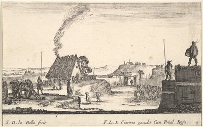 Levha 4: Sağ tarafta bir korkuluk üzerinde duran bir askerin bulunduğu bir askeri kamp yeri..., yakl. 1641. by Stefano della Bella
